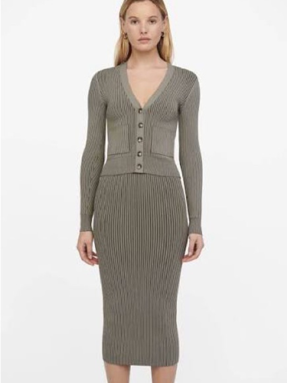 Anine Bing Olive Ribbed V-Neck Button Cardigan